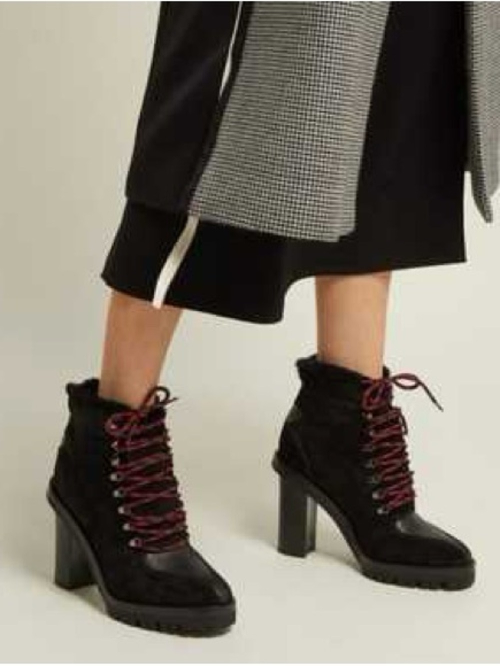 Valentino Garavani Black Suede Lug-Heel Ankle Boots with Burgundy Laces